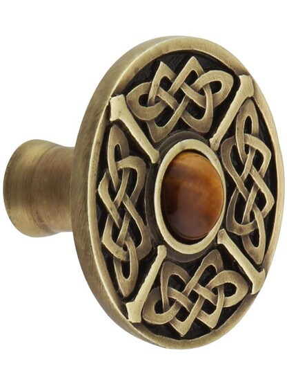 Celtic Jewel Knob Inset with Tiger Eye in Antique Brass.